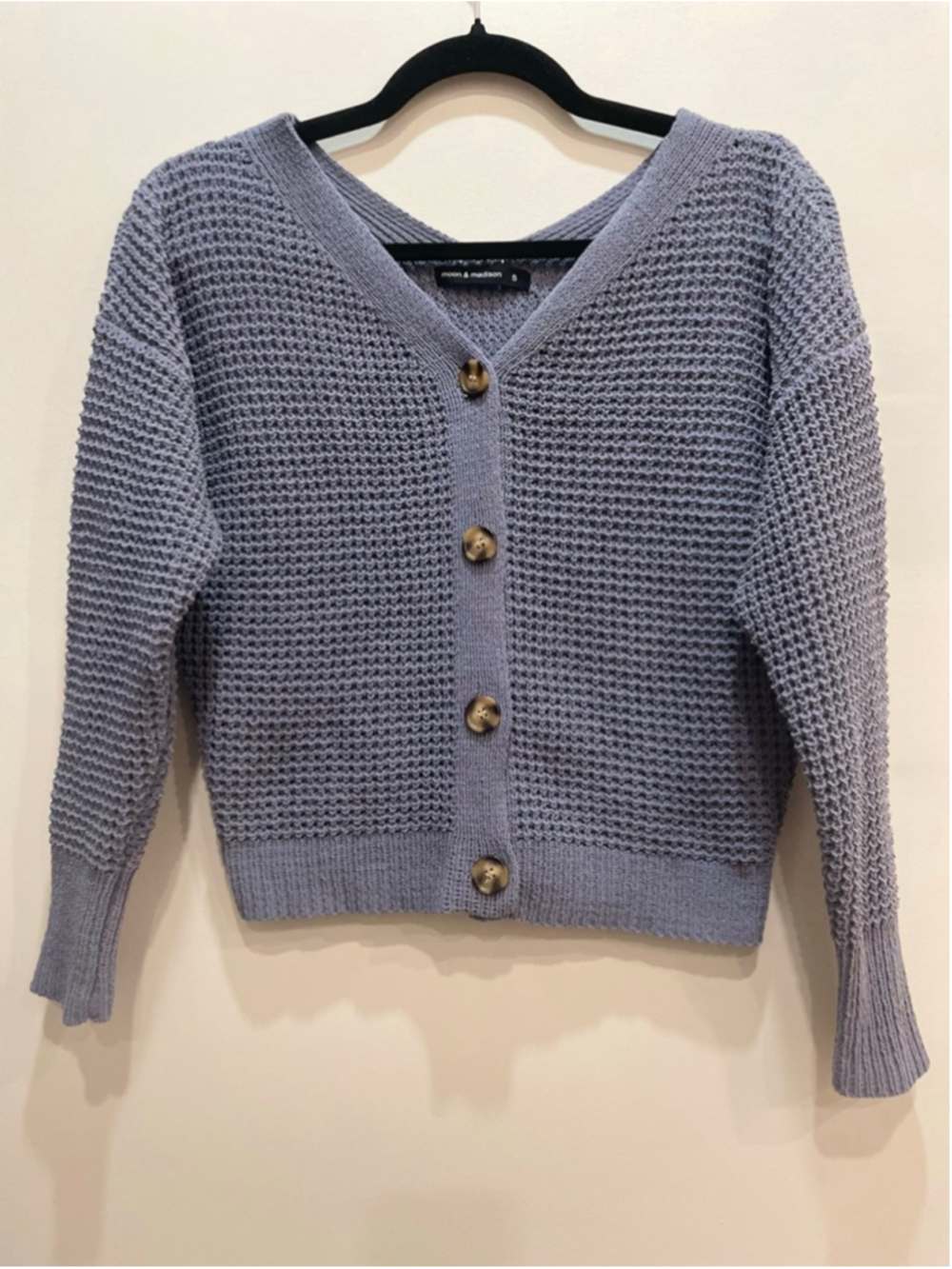 Moon & Madison Blue Waffle Knit Crop Cardigan S Vneck Preppy Lightweight